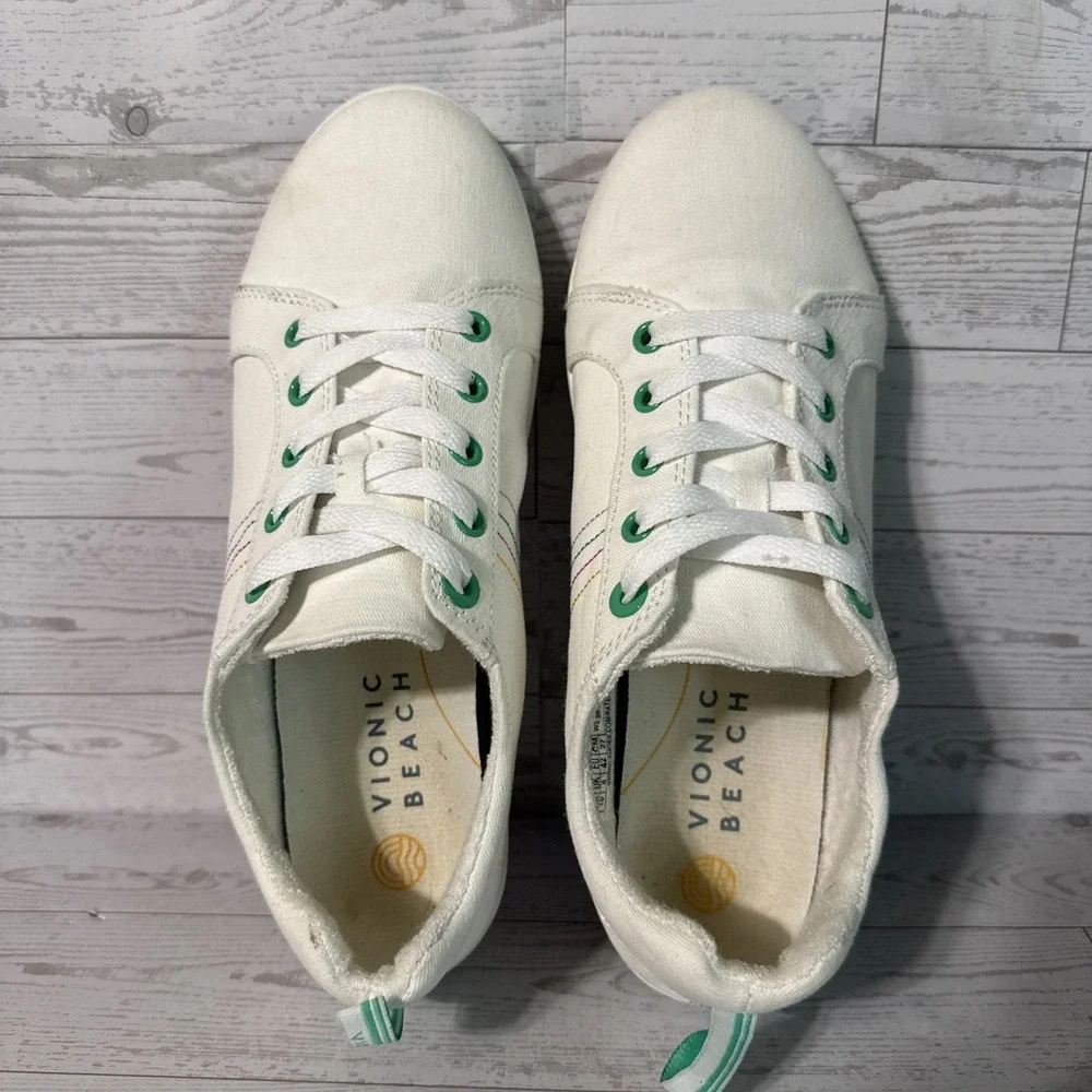 Vionic Beach Stinson Sneakers Sz 10 White Canvas Comfort Walking Lace Up Shoes